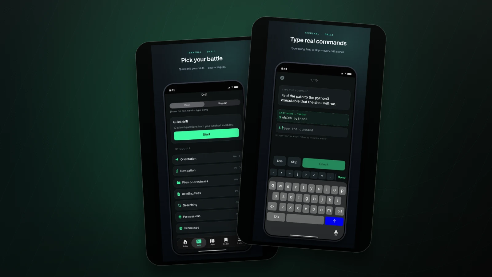 Terminal Drill iOS lesson and active shell drill screenshots